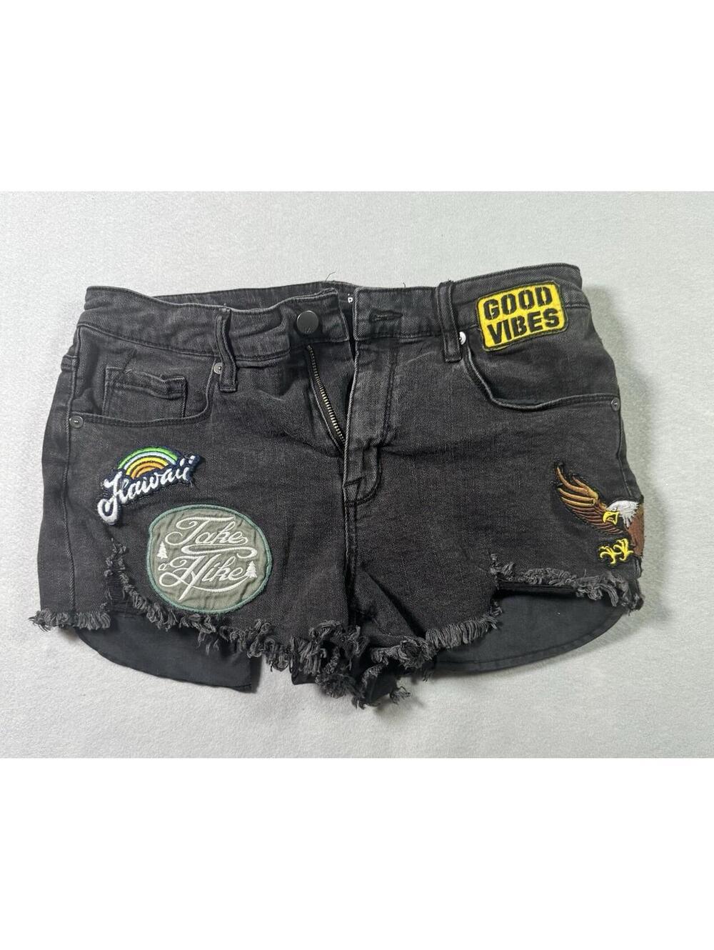 Mossimo High Rise Cut Off Denim Shorts Black~Patches~ Frayed ~ Size 8/29